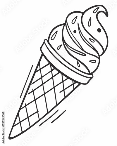 Line art vector, hand-drawn style, single scoop ice cream in a waffle cone, minimalist, black and white.