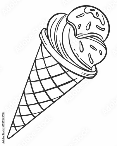 Line art vector, hand-drawn style, single scoop ice cream in a waffle cone, minimalist, black and white.