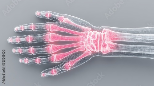 Medical illustration of a hand showing bone structure with highlighted joints and tendons