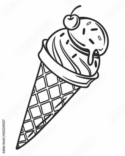 Line art vector, hand-drawn style, single scoop ice cream in a waffle cone, minimalist, black and white.
