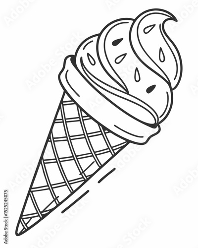 Line art vector, hand-drawn style, single scoop ice cream in a waffle cone, minimalist, black and white.