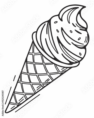 Line art vector, hand-drawn style, single scoop ice cream in a waffle cone, minimalist, black and white.