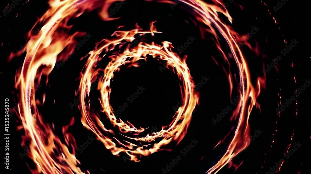 Burning ring of fire spinning on black background