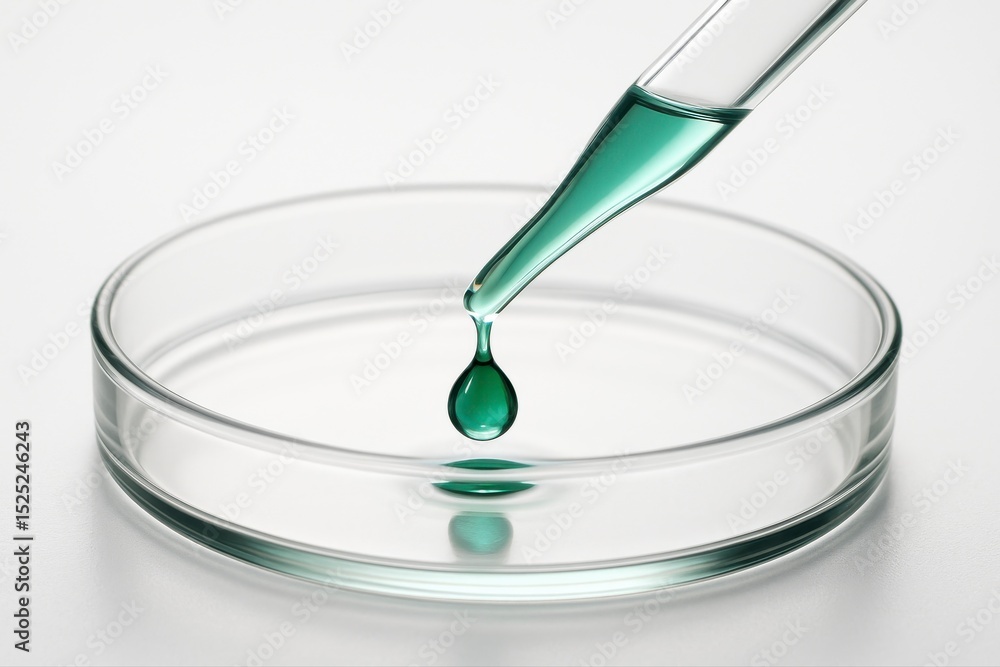 Close up of a pipette dropping green liquid into a petri dish in lab Close up of a pipette dropping green liquid into a petri dish in lab