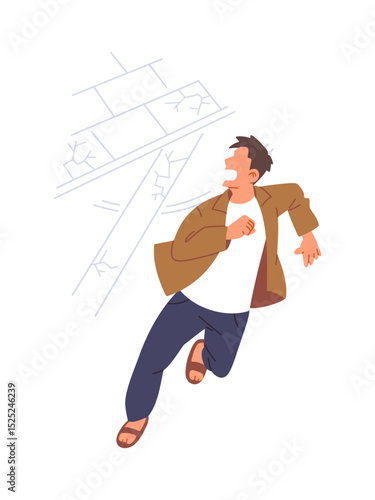 Illustration of a panicked man running away to escape from falling rooftop and buildings during an earthquake. Flat vector isolated on white background
