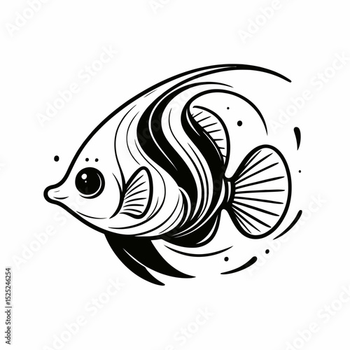Moorish idol fish illustration with flowing lines in black and white  