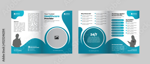 Medical healthcare service bifold brochure design or hospital clinic promotion brochure template, Multipurpose template with cover, back, and inside pages layout