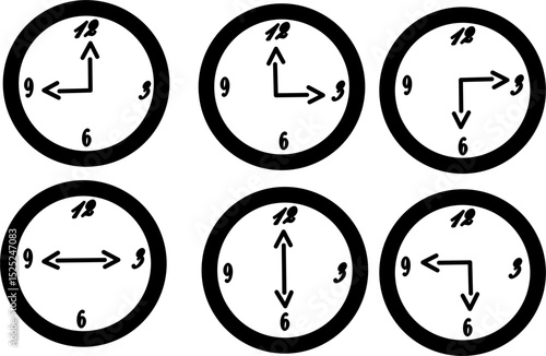 Vector clocks collection – six time variations on clock faces, isolation background