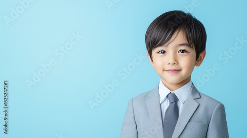 Kid Business Leadership Visual, High-resolution child business portrait on pastel blue background, formal attire and side-framed composition with soft studio lighting