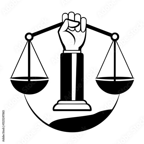 Strong hand holding scales of justice icon black and white graphic