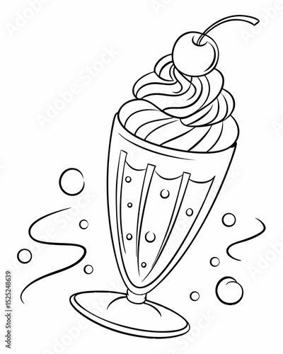 Outline drawing vector, ice cream float in a glass, bubbly effect, simple and clean.