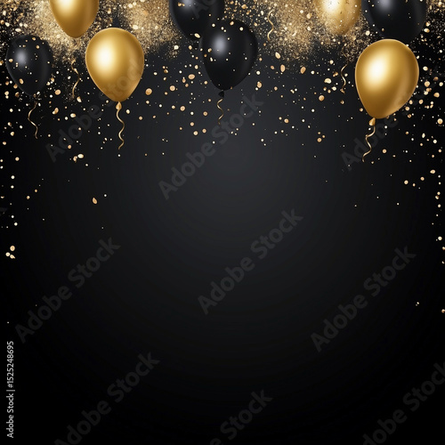 Gold and black balloons with glitter on dark background