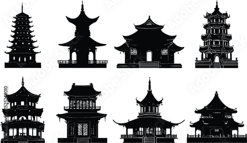 Black Silhouettes of Traditional Asian Pagodas and Temples | High-Quality Vector Illustrations Showcasing Unique Architectural Styles