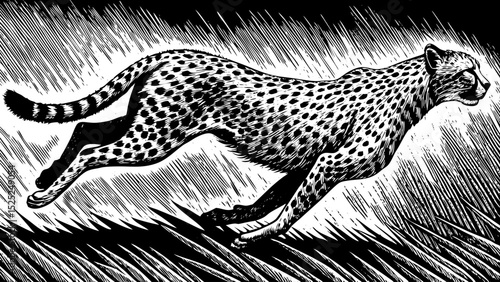 black and white sketch vector of a cheetah running at high speed through dry grass
