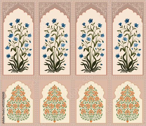 Mughal Wall Decoration, Mughal Seamless Wallpaper for print, Mughal Flower, Mughal Border.
