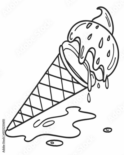 Outline drawing vector, melting ice cream cone, drips, playful, white background.