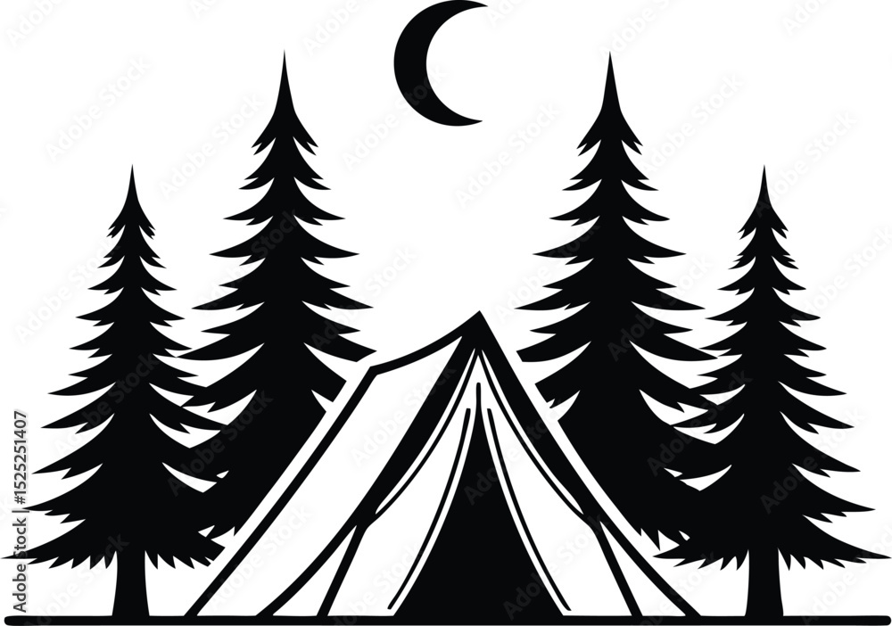 Obraz premium Camping tent in forest at night with crescent moon