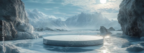 Frozen arctic island landscape with round podium for product display, fantasy digital art

