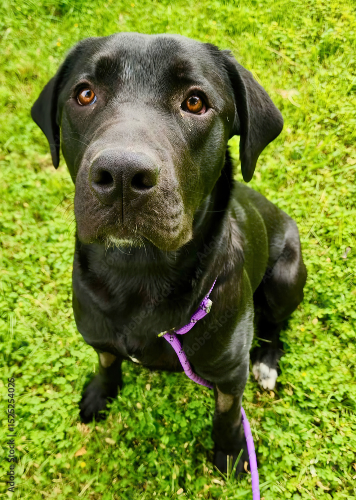 Black Labrador Mix Dog with Purple Leash Sitting Black Labrador Mix Dog with Purple Leash Sitting