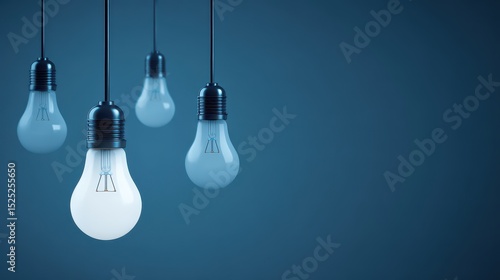Five illuminated light bulbs hang against a dark blue background symbolizing ideas innovation creativity and bright solutions for business success and future projects.