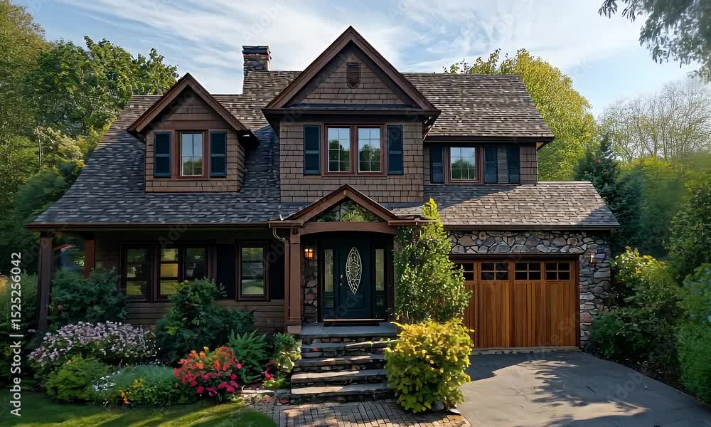 Two Story Brown House with Stone Chimney and Landscaped Garden on a Sunny Day Two Story Brown House with Stone Chimney and Landscaped Garden on a Sunny Day