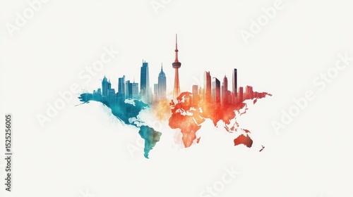 Fototapeta Naklejka Na Ścianę i Meble -  A colorful world map silhouette with global city skylines emerging from different continents in a watercolor style.