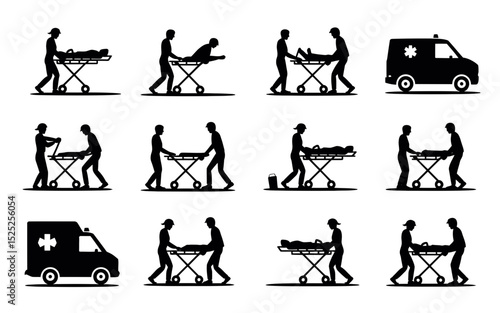 Emergency Paramedic stretcher service icons silhouette