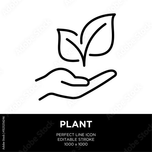 The line icon vector illustrates hand holding sprout or plant. The line icon is isolated on a white background and can be edited as needed