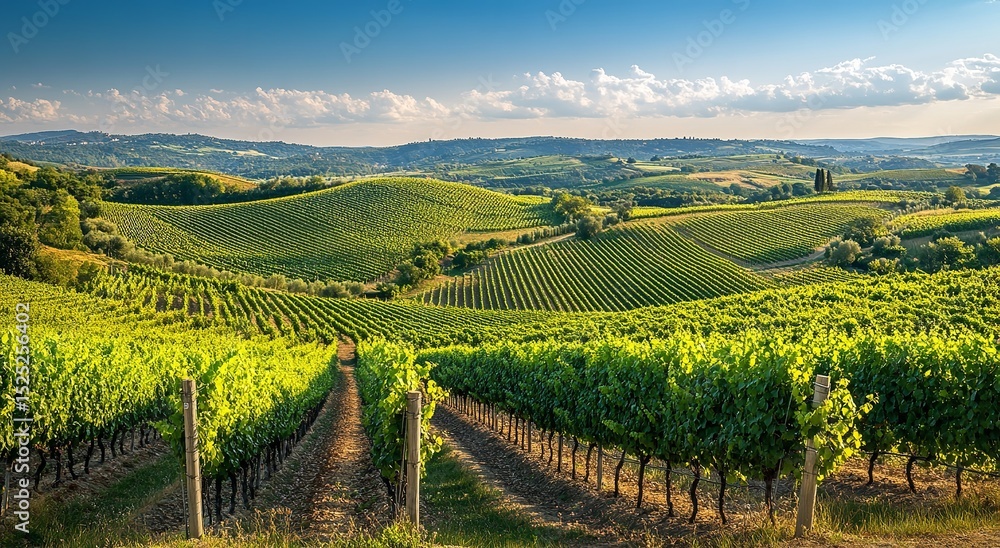 Fototapeta premium Panoramic View of French Vineyards with Lush Green Grapevines and Rolling Hills Under Bright Summer Sunlight