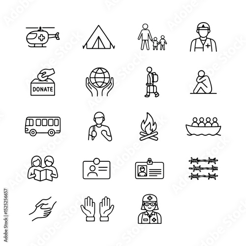 Humanitarian Aid, Refugee And Migration Line Icons- Crisis, Support And Displacement Vector Set.
