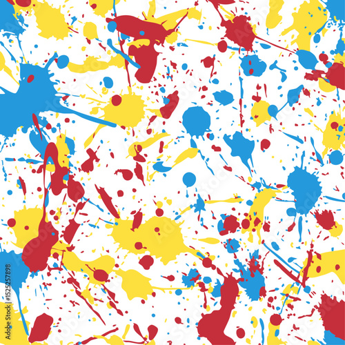 Square vector pattern with energetic paint splatters in primary colors. Abstract red, yellow, and blue ink splashes create a fun, artistic background, perfect for kids' designs.