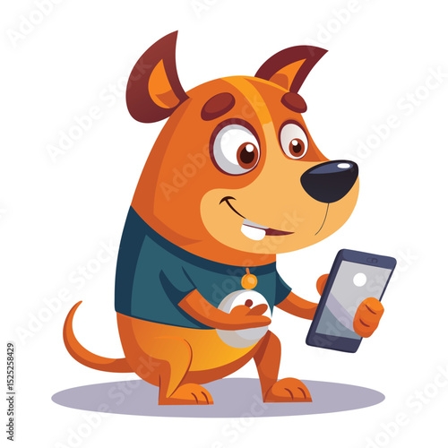 Cartoon dog holding smartphone smiling and interacting with technology on a white background