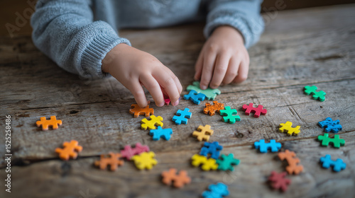 The small hands of a child are seen reaching for and arranging colorful puzzle pieces (red, yellow, blue, orange, green) scattered across a rustic wooden table. The focus is on the child's engagement