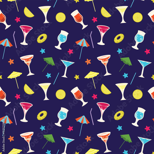 Cocktails hand drawn seamless pattern on a blue background. Glass of cocktail, lemon slices, pineapple slices, flowers, drinking straws, cocktail umbrellas. Alcohol cocktail