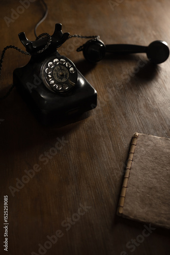 Altes Telefon und Notizbuch auf Tischplatte im Gegenlicht