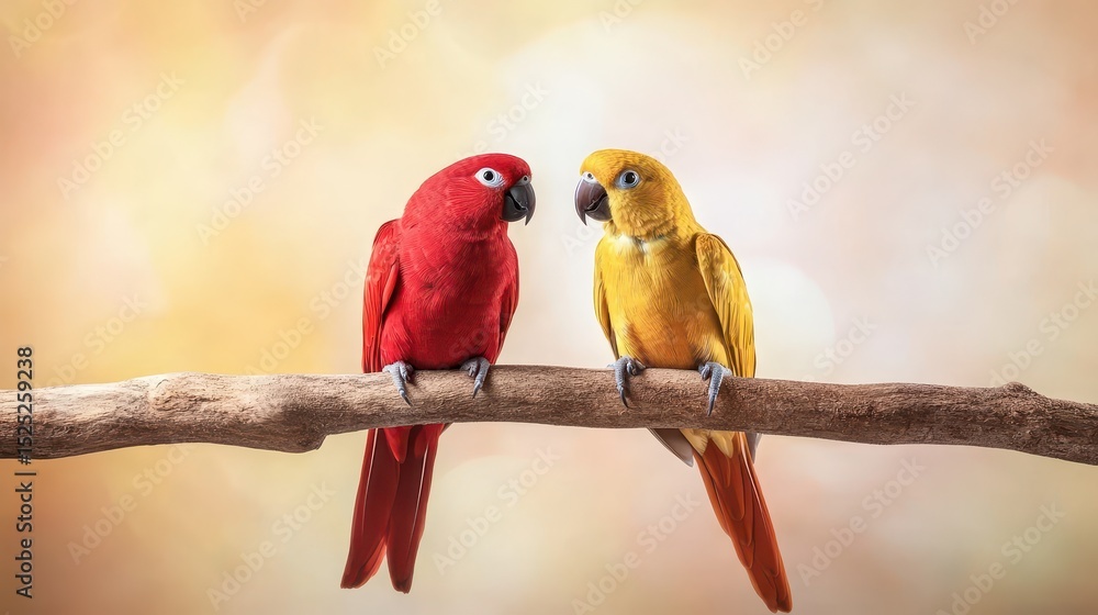 Fototapeta premium Two colorful parrots, one red and one yellow, perched closely together on a branch with a soft, blurred background.