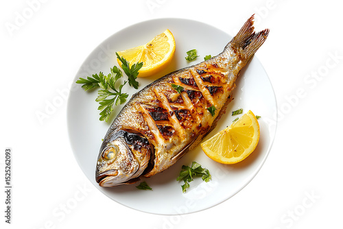 Grilled fish on a plate isolated on transparent background
