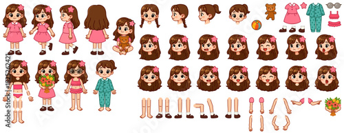 Cute Girl Character Creator Kit with Emotions, Poses, Clothes and Accessories – Vector Illustration