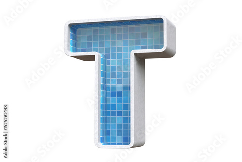 3D letter T with a blue mosaic pool design suitable for summer holiday and water sports concepts. High quality 3D rendering.