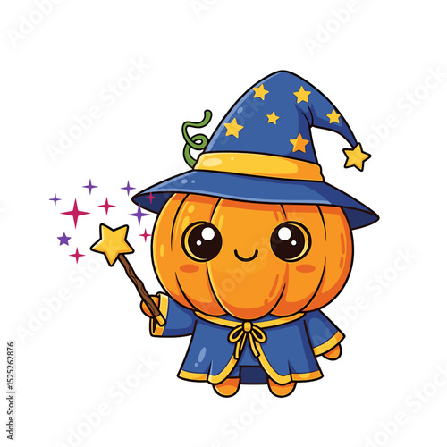 Cute cartoon pumpkin wizard wearing a blue robe and hat, holding a star wand with magical sparkles.