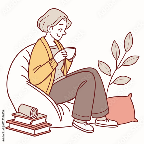 Woman drinking tea on bean bag with books and plant vector