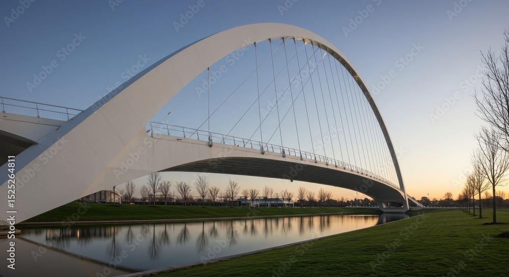 Naklejka premium Modern arch bridge spans tranquil waterway