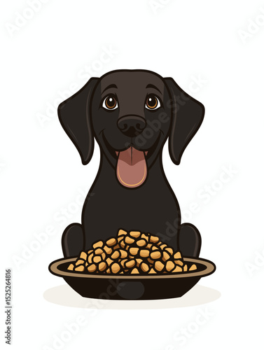 Black dog sitting happily in front of a bowl of dog food