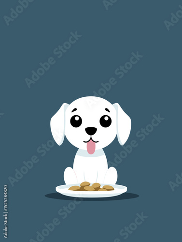 Cute cartoon dog sitting by a plate of food on a dark background  