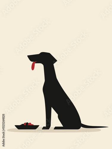 Black dog sitting beside bowl of food in minimalist style  