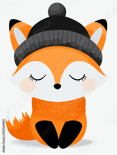 Cartoon fox wearing a beanie and scarf sitting with closed eyes  