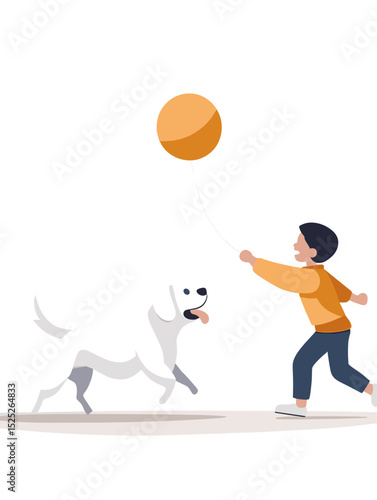 Boy playing with a dog while throwing a ball outdoors
