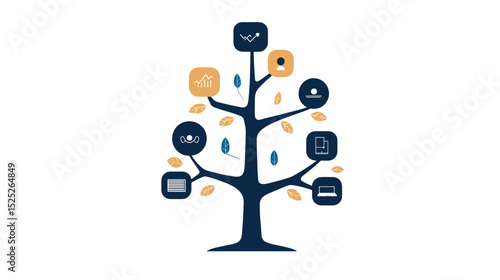 Illustrated tree diagram with icons representing various concepts  