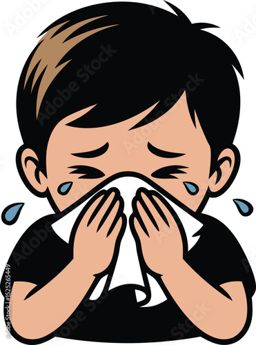 Young boy clutches a tissue to his face