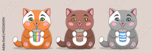 Vector set of cute cartoon cuddly chubby sitting three kittens drinking from glass with straw cocktail, coffee and milk. Toon stickers collection, plump cats. Adorable pets. Favorite food of pusses
